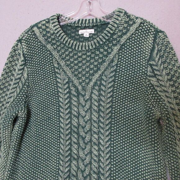 LL Bean Signature Sweater Women Medium Green Cable Knit Fisherman Cotton - Picture 2 of 12